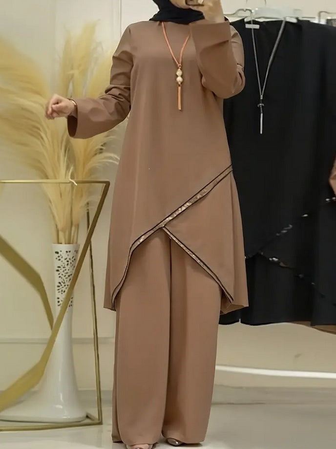cross-border new arrival: women's two-piece loungewear set - relaxed fit with linear print design