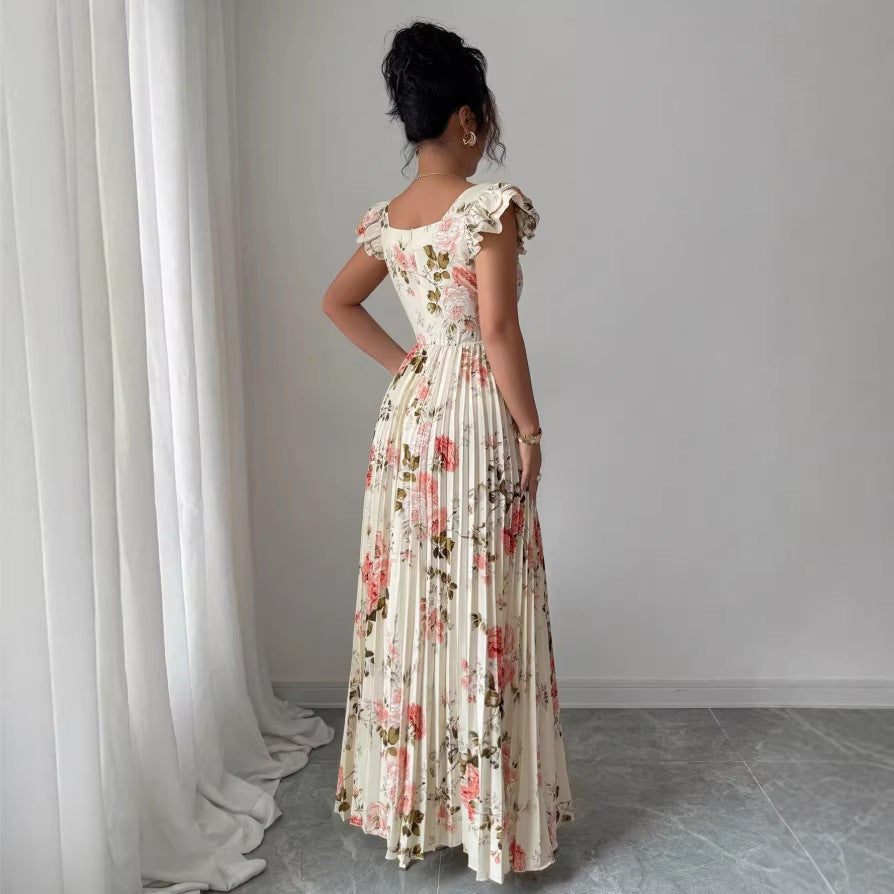 European and american spring/summer floral women's digital print pleated vacation style ruffle waist elegant romantic women's dress