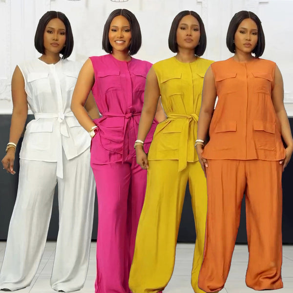 S11095 Commuter Casual Crew Neck Strap Sleeveless Cardigan Vest Wide Leg Pants Two-piece Set