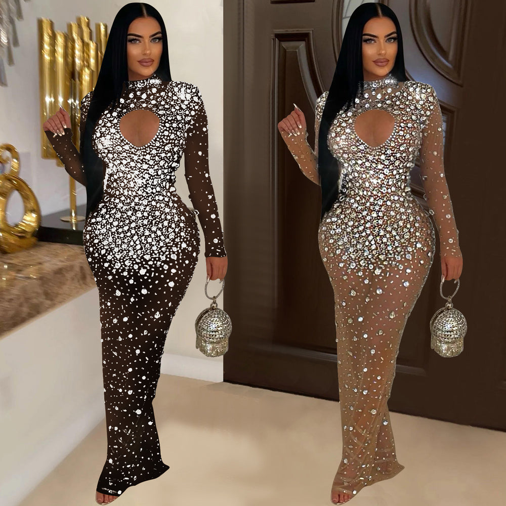 C6993 cross-border   independent station fashionfashion women's round neck hot diamond dress long skirt new