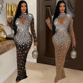 C6993 cross-border   independent station fashionfashion women's round neck hot diamond dress long skirt new
