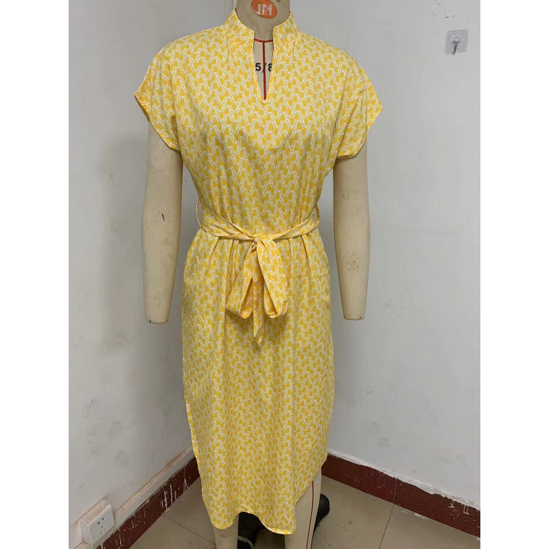 cross-border all-over print batwing sleeve drawstring dress