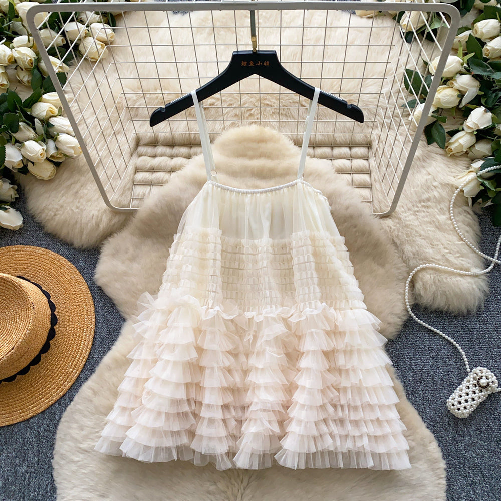 Sweet princess style mesh suspender cake skirt women's summer multi-layer ruffles vest suspender super fairy blue