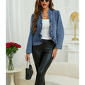 1688 source factory ruffle hem denim cropped jacket women's new collarless open front cardigan top buttonless light blue outerwear