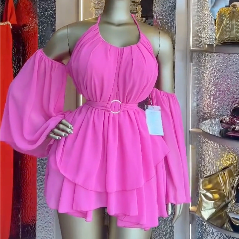 European and american cross-border women's fashion:  spring new arrivals - elegant and sweet halter neck, off-the-shoulder, asymmetrical waist, short dress