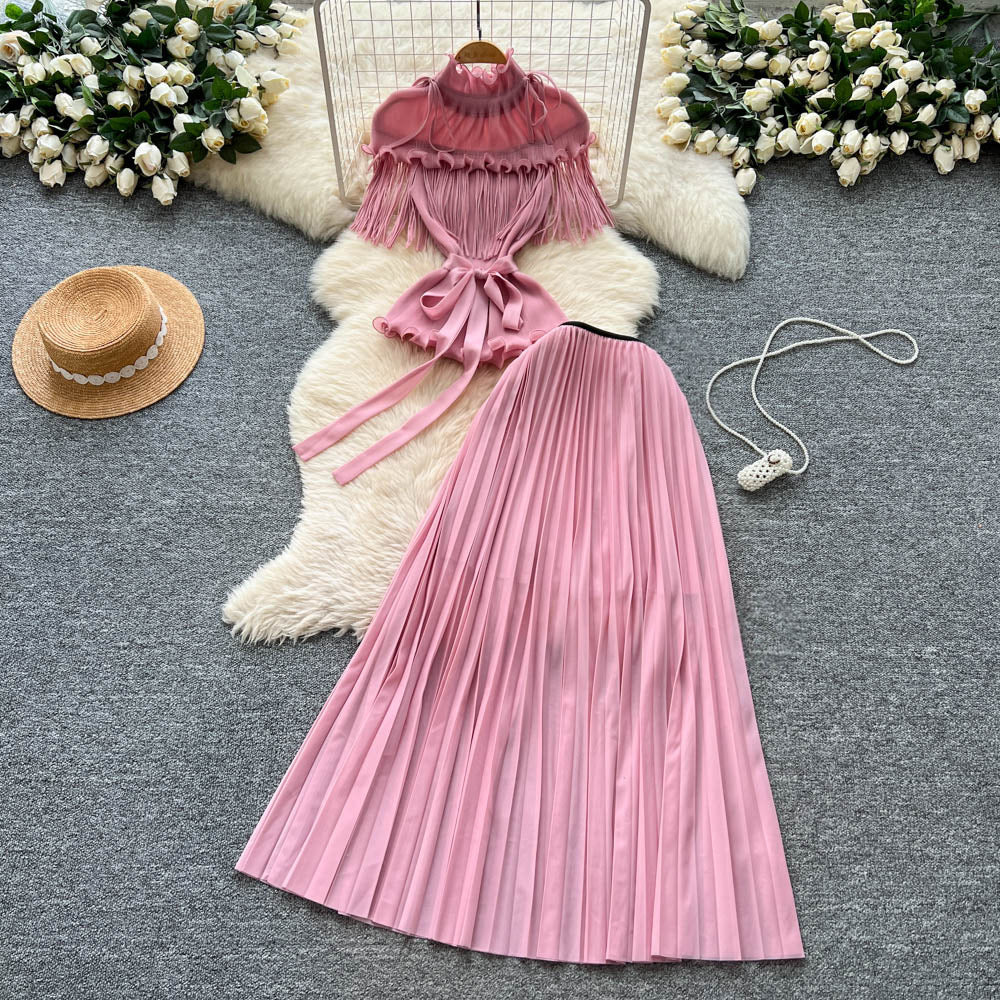 Miya pleated suit women's sense of design strappy waist tassel pleated topshigh waistpleated skirttwo-piece set