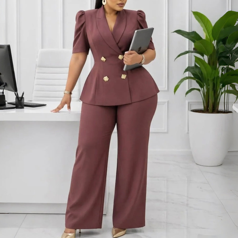 D634exportfashion cross-border  new short-sleeved lapel double-breasted tops high waistloose pantsexportsuit