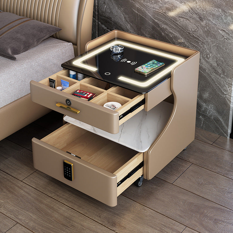 Italian smart bedside table minimalist modern leather bedroom wireless charging popular minimalist storage cabinet high-end rock slab