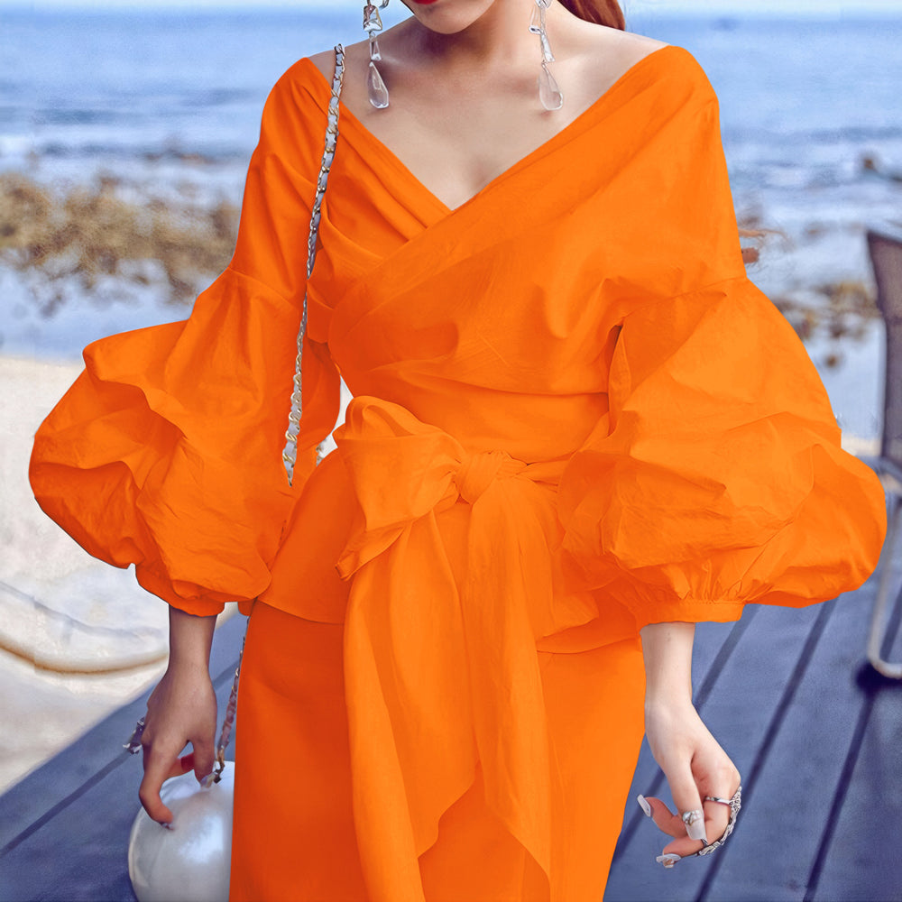 C8620  foreign trade women's fashion solid color sexy criss-cross tie-up puff sleeve v-neck blouse african top