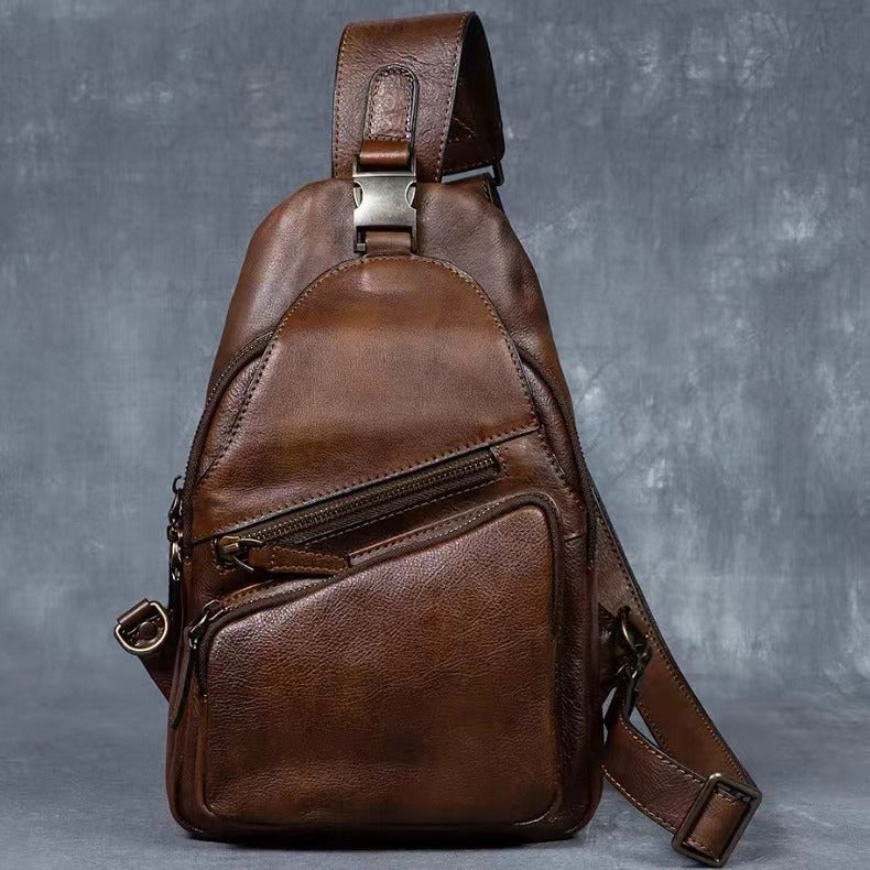 Retro hand-rubbed vegetable-tanned cowhide chest bag men's genuine leather crossbody bag casual shoulder crossbody bag soft leather bag