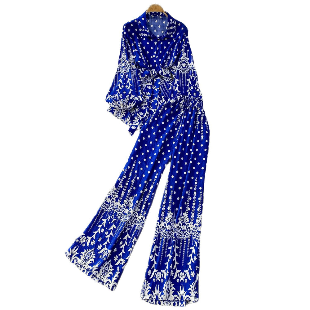 retro style printed lantern sleeve sun protection shirt with turn-down collar and cinched waist + high-waisted slimming wide-leg pants set