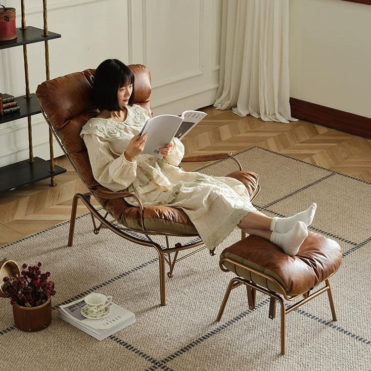 Retro genuine leather rocking chair oil wax leather lazy sofa metal accessible luxurycasual medieval style living room balcony casual lounge chair