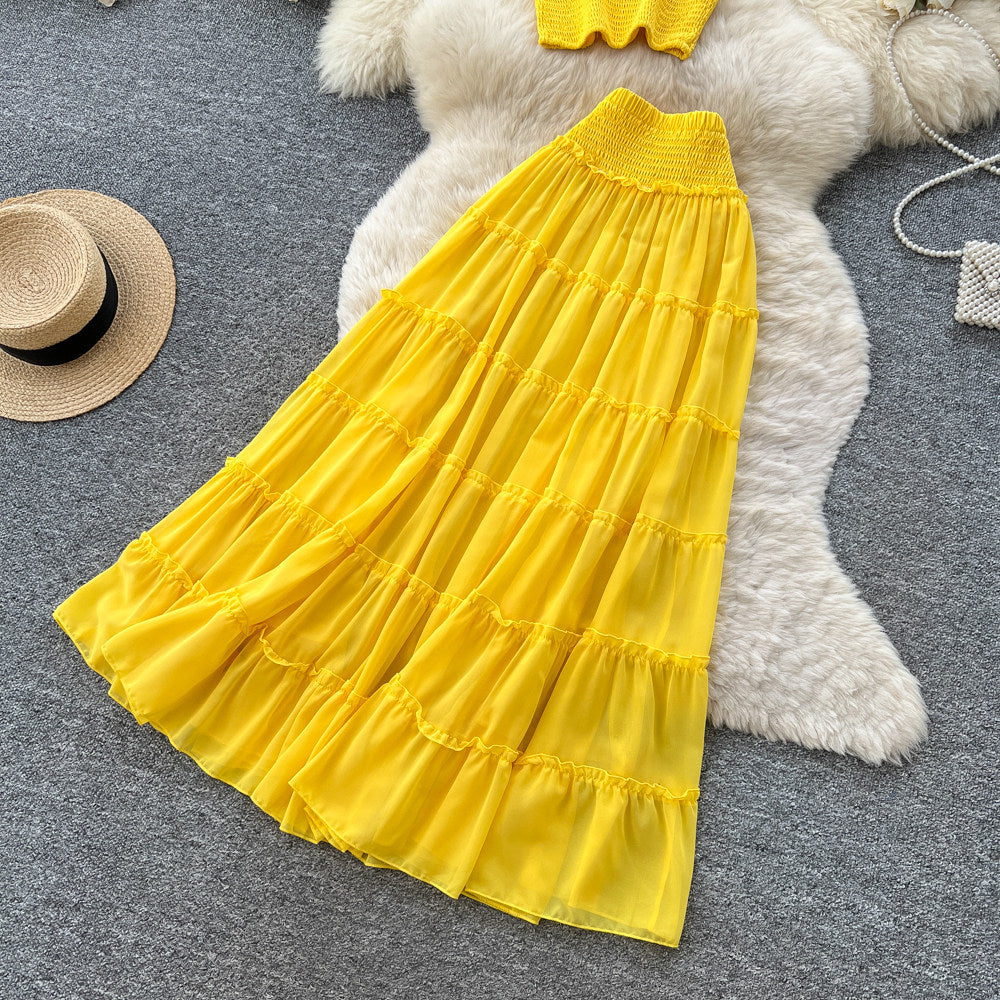 summer new arrival: yellow pleated two-piece set - women's summer sweet & spicy layered cake skirt commute chic outfit