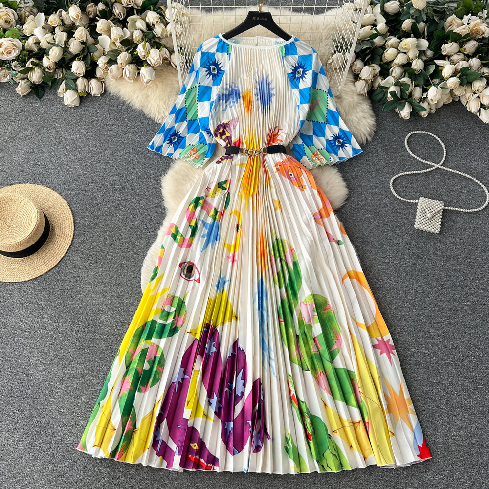 European and american retro court style design printed long dress with heavy pleating, puff sleeves, and pleated skirt - spring collection for women