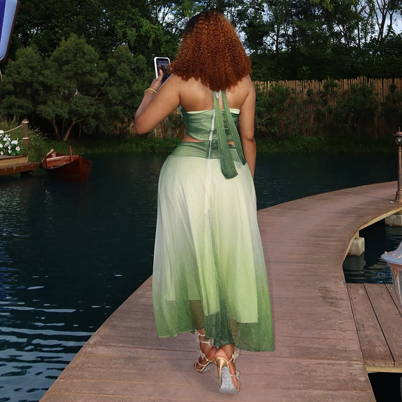 European and american style cross-border fashion gradient color women's elegant and fresh long dress set, halter neck sleeveless backless summer two-piece outfit