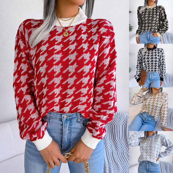 The real shot 2022 European and American autumn and winter leisure thousand bird grid long-sleeved pullover knitted sweater, independent station  women's clothing