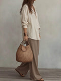 Fashion cross-border plus size cotton and linen shirt suit lapel long sleevesloose shirt high waistloose pantstwo-piece set