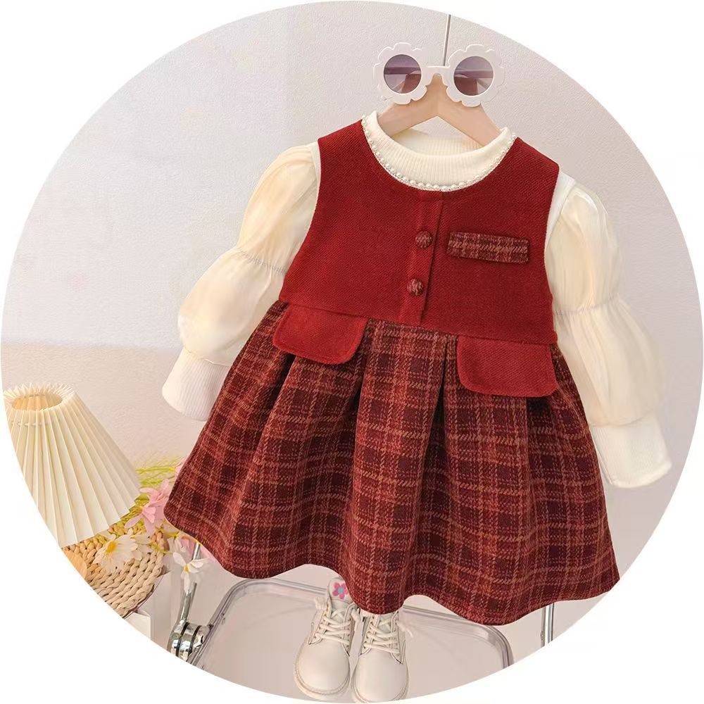 【dropshipping】 stylish kids' fleece-lined autumn/winter vest dress two-piece set - trendy princess dress for baby girls