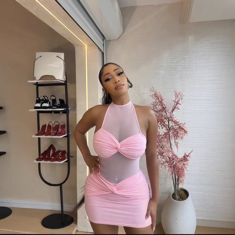 European and american cross-border women's fashion:  early autumn new arrival - solid color sleeveless halter neck bodycon sexy mini dress