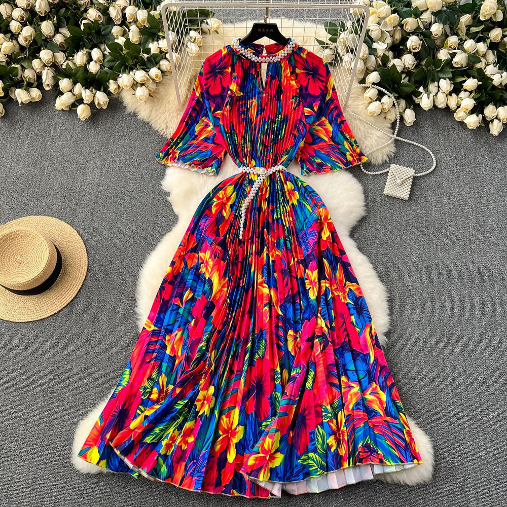 European and american high-end elegant dress - new women's beaded round neck short sleeve cinched waist loose pleated printed maxi dress