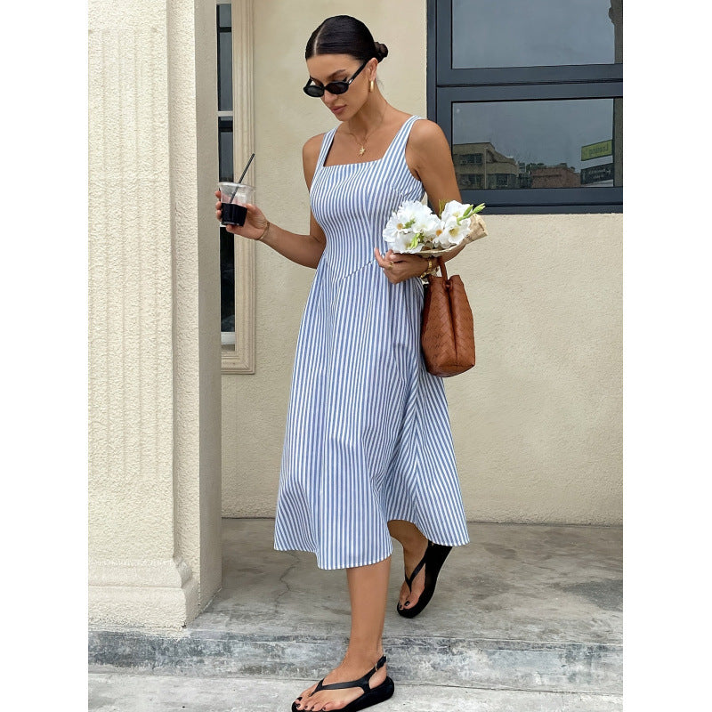 Aliexpress cross-border original design: women's square neck striped elegant dress for everyday wear
