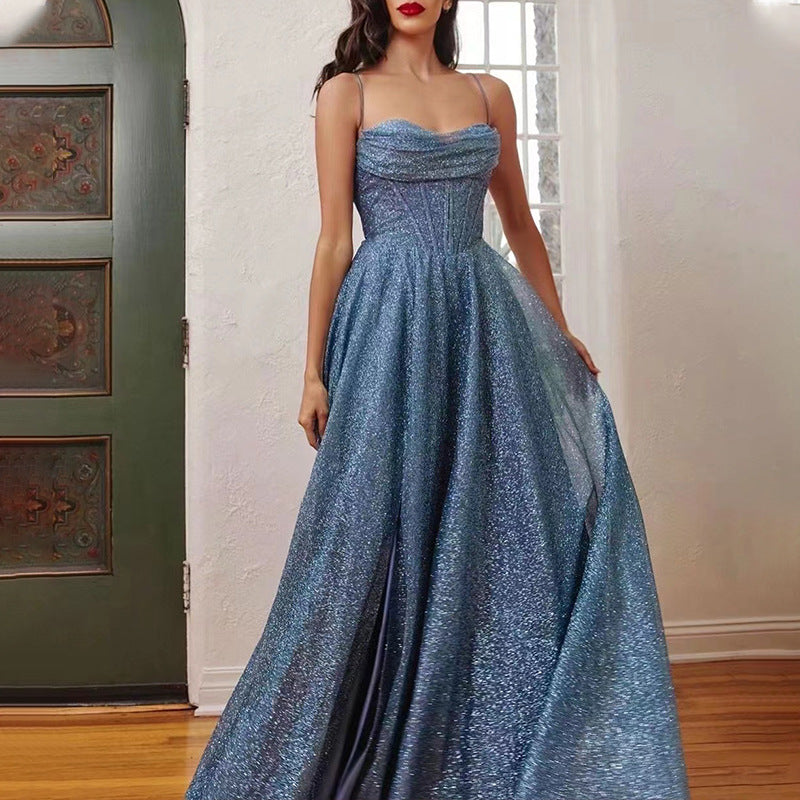 new european and american cross-border women's  long dress - sleeveless bandeau, gold-embellished, sexy spaghetti strap, maxi swing dress