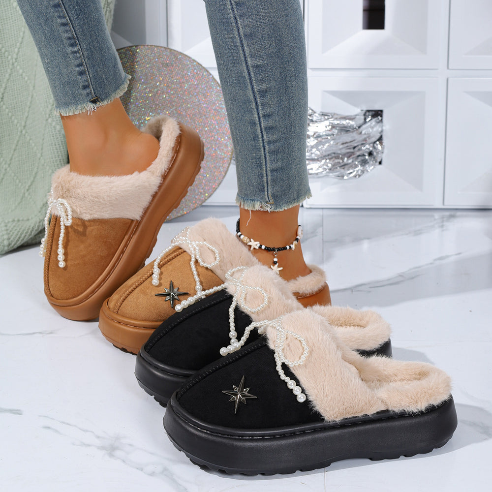 Fleece-linedthickenedheattech cotton slippers for women new arrival pearl bowsoutwear home indoor soft bottomstuffed cotton slippers