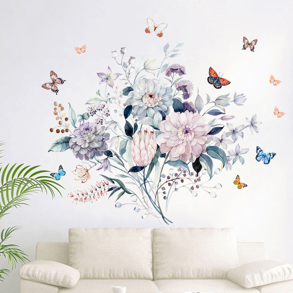 Watercolor flower background decorative sticker rose butterfly wall sticker sofa bedroom background shop landscaping wall sticker