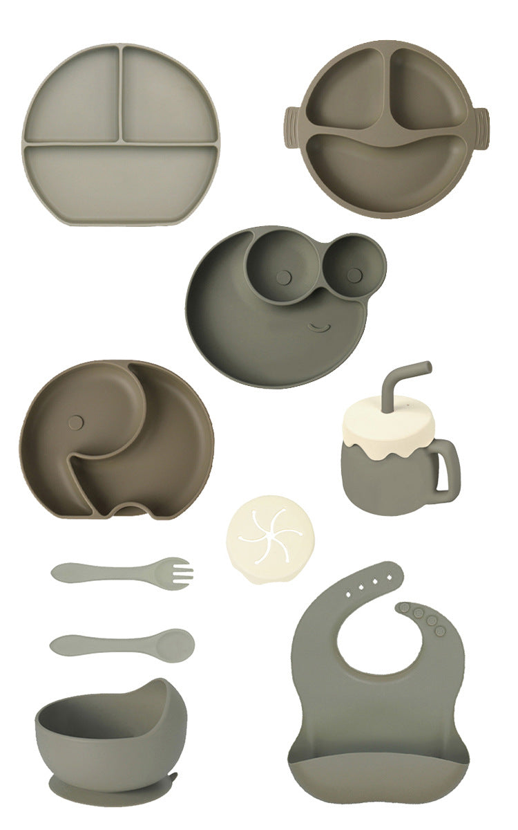Children's Silicone Plate 7-piece Set Baby Separate Plate Feeding Bib Water Cup Fork Spoon Supplementary Food Bowl Tableware