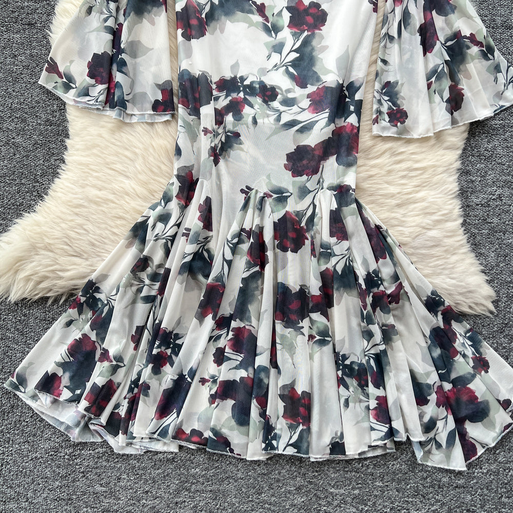 Goddess-style niche styleclassy one-shoulder lapel bell sleeves waist slimming lookelegantprintingrufflesdress