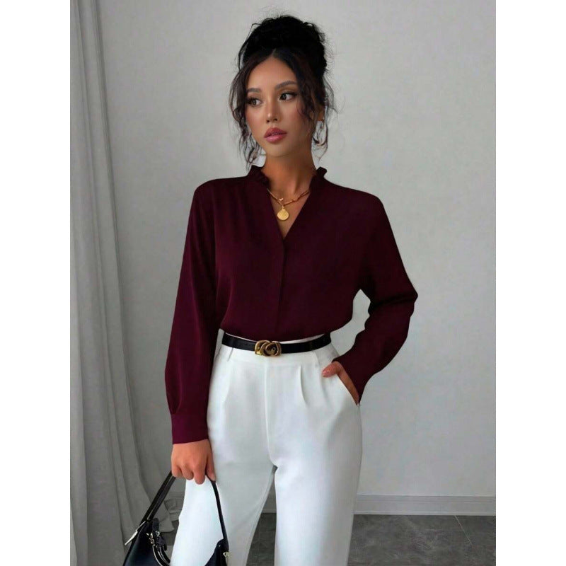 fashion:  autumn new arrivals - chic, minimalist, casual v-neck long sleeve loose fit shirt for women (us/eu)
