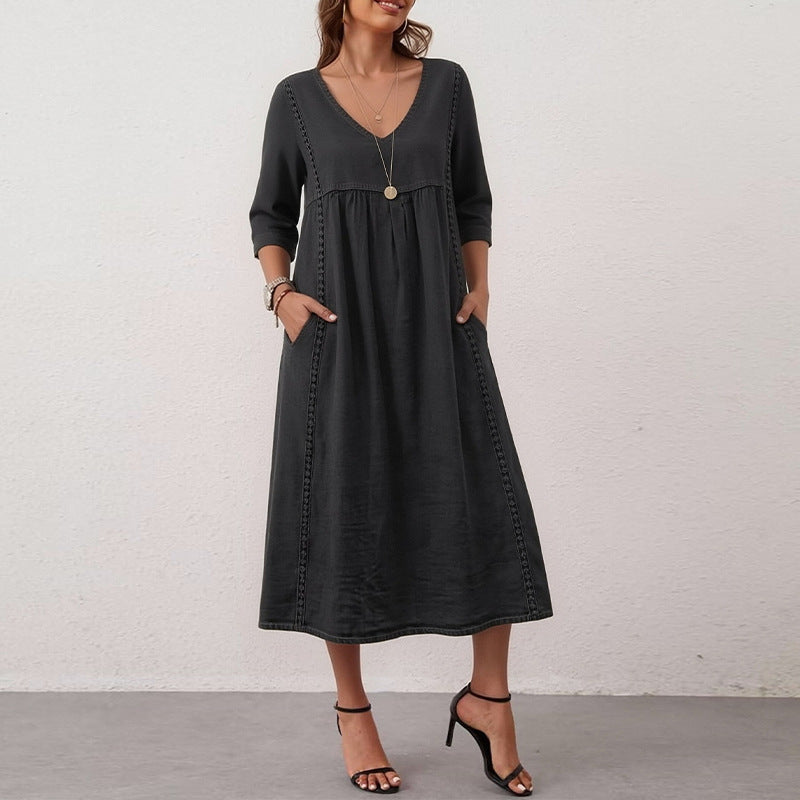 cross-border fashion: european & american style summer dresses - new arrivals. casual, loose-fit solid color v-neck pocket dress
