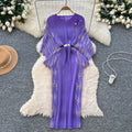 Miya pleated european and american dress - fashionable 3d floral tie-waist printed pleated slim-fit batwing sleeve maxi dress