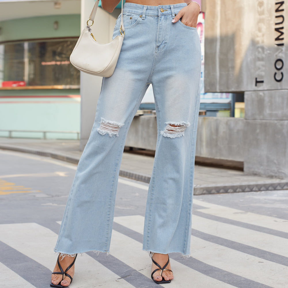 European and american cross-border trade independent station  new  denim wide-leg pants ripped slightly flared jeans for women