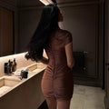 European and american export women's clothing  autumn new arrival casual short sleeve solid color round neck shirred bodycon mini dress