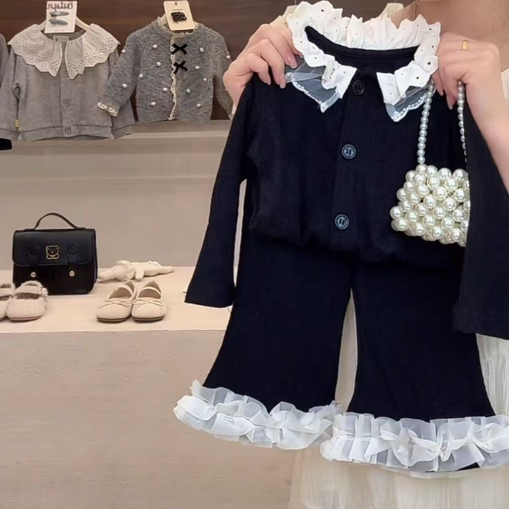 【dropshipping】 girls' autumn outfit: designer-inspired tweed-style top with lace trim and flared pants two-piece set