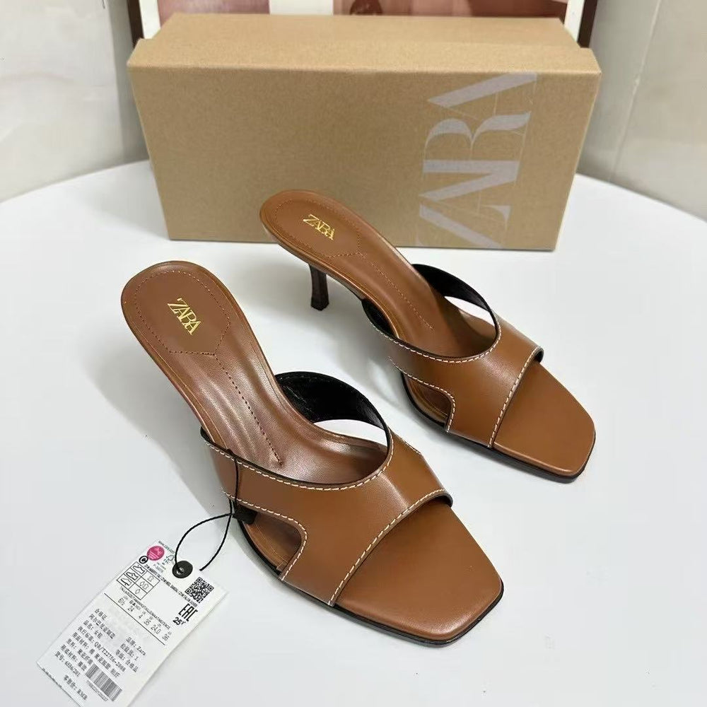 Za2025summer retro brown stitching square toe slippers stiletto heel sandals one-line drag stitching elegant