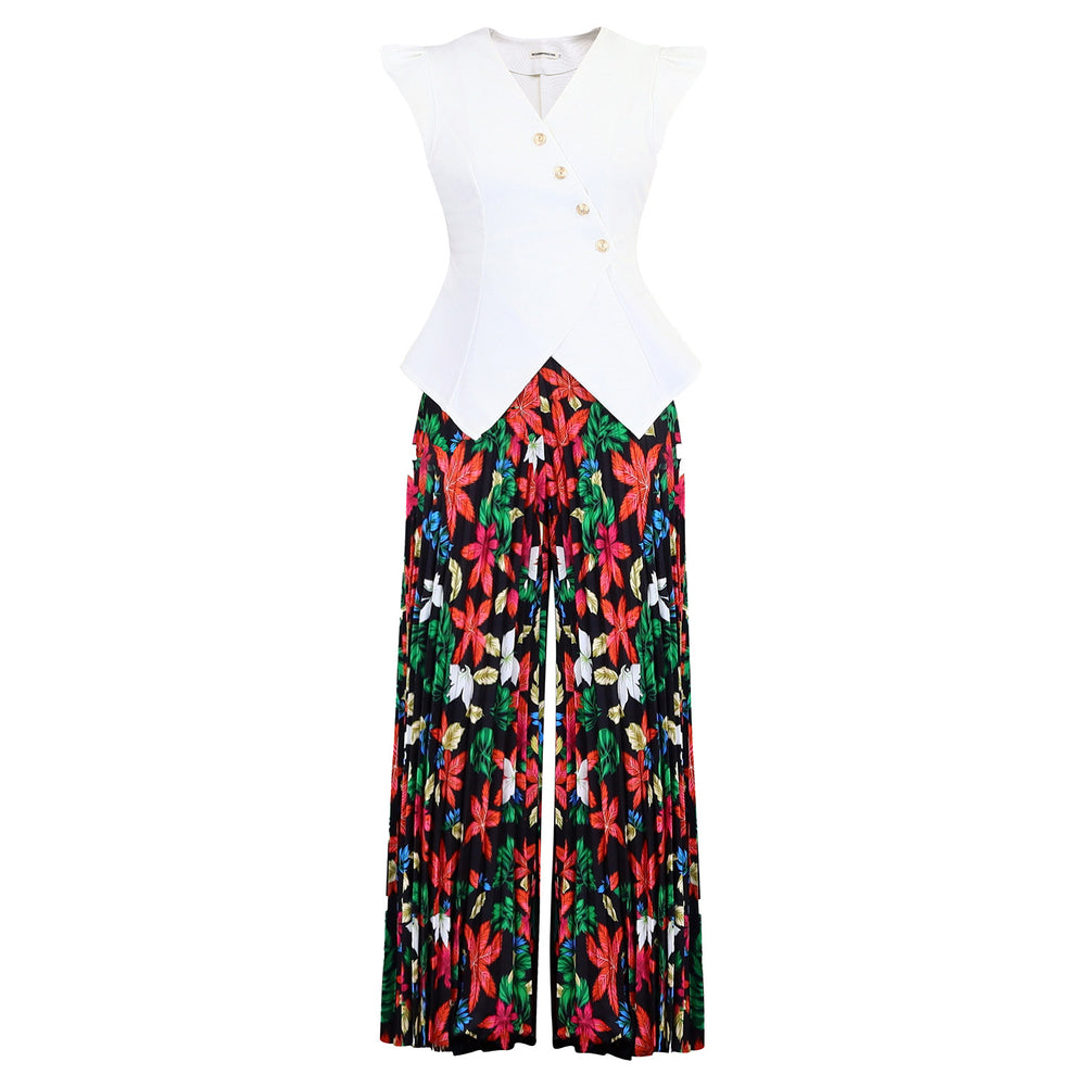 D632 european and american cross-border fashion sleeveless button-up solid color v-neck top with printed pleated wide-leg pants african two-piece set