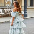 Pastoral style sweet cake skirt fashion puff sleeves short sleeves tie back waist plain floral fairy dress long skirt