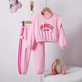 Girls' spring outfit: pink pullover sweatshirt with floral embroidery and letter print, casual sweatpants two-piece set
