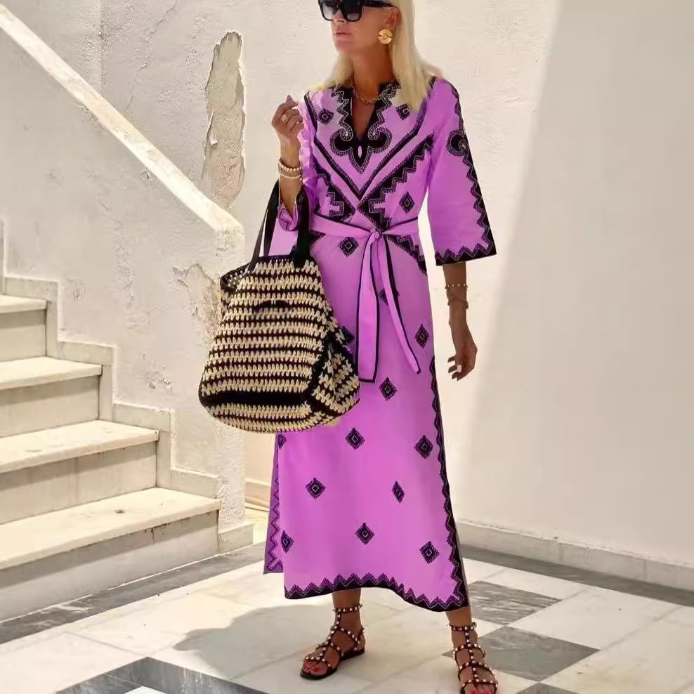 2025 aliexpress european and american autumn/winter new collection: printed belted bohemian dress for women
