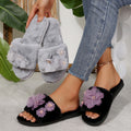 Popular thick sole furry slippers for women indoor and outdoor wear plus size 2024fall and winter large flower home fleece-linedheattech flip flops