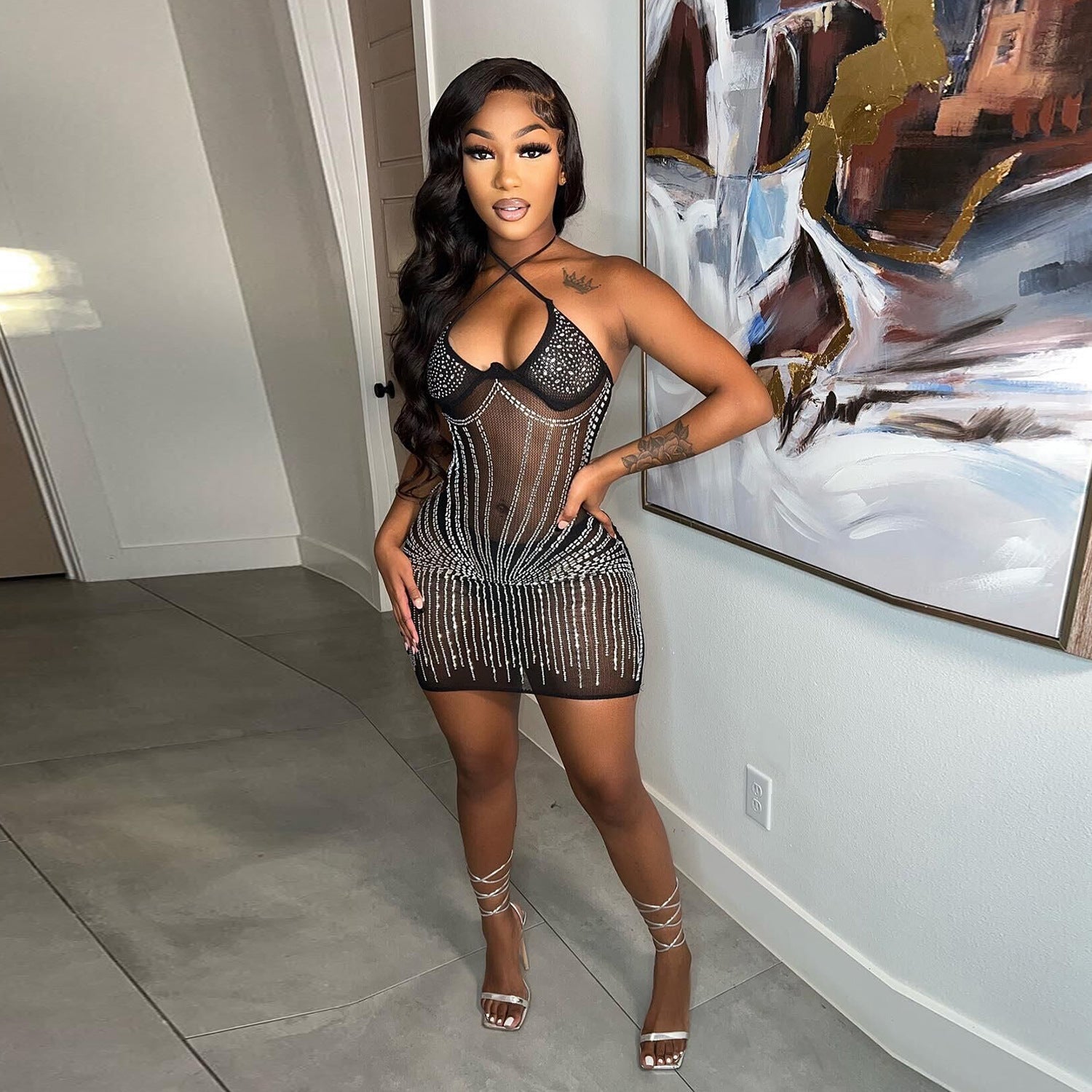 SK2506 sexy European and American suspender slim-fit chest-wrapped hot diamond dress, nightclub dress