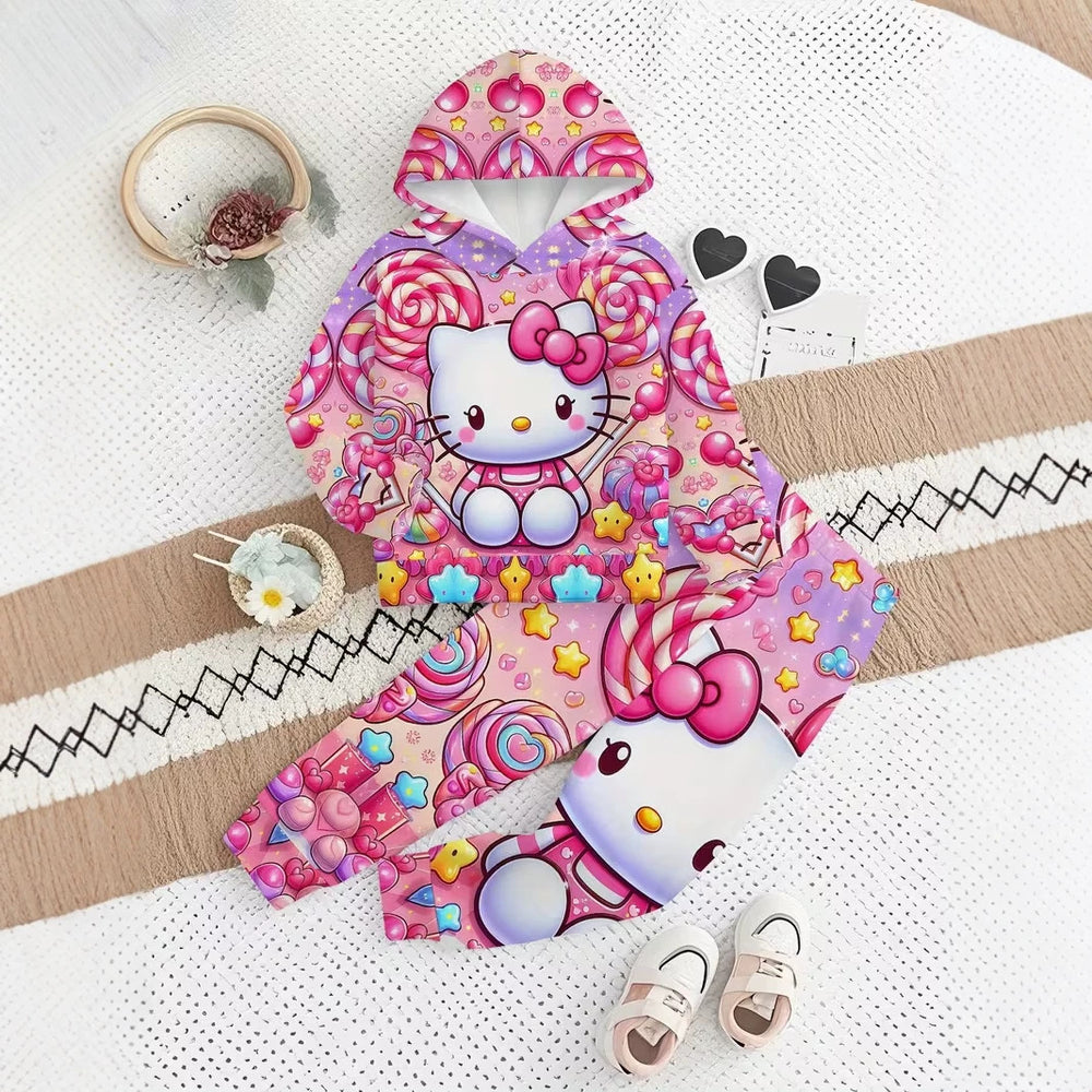 Kids' hoodie set, cross-border hot seller, trendy printed girls' fashion hooded sweatshirt and sweatpants set