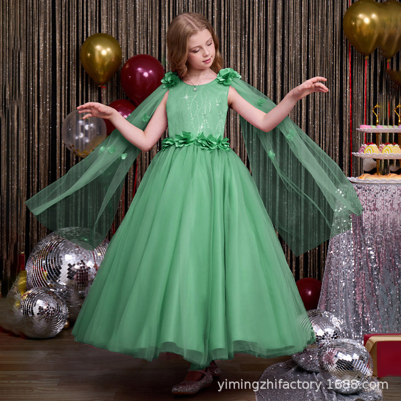 Custom-made girls' tulle dress, longline bow detail, children's princess gown with shawl, elegant european and american style, cross-border e-commerce