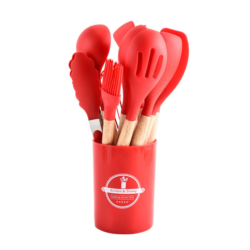 Cross-border twelve-piece set of colored wooden handle silicone kitchenware set to store food-grade high temperature resistant spatula spoons in stock