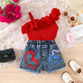 new girls' ruffle trim one-shoulder cami top + heart print denim shorts set