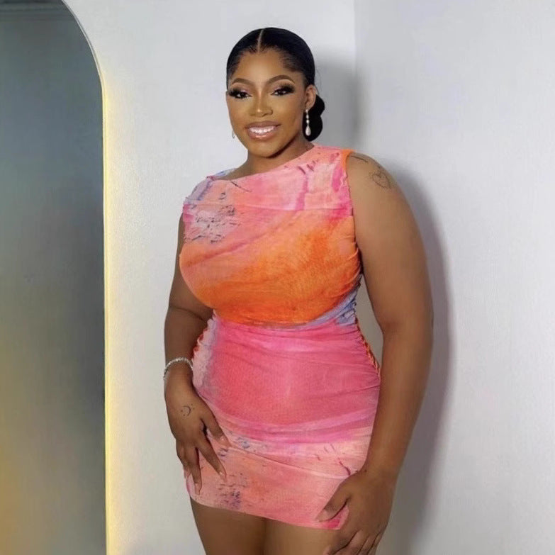 Cross-border European and American tight sexy dress mesh pullover sleeveless short skirt pleated hip skirt women's  wholesale