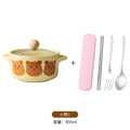 Ins cream yellow bear instant noodle bowl with lid dormitory student instant noodle bowl salad bowl double ear soup bowl tableware