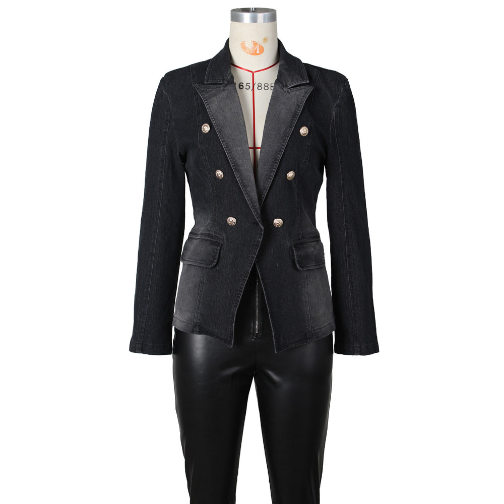 spring new european and american style slim-fit double-breasted denim blazer with lion lapel and button closure